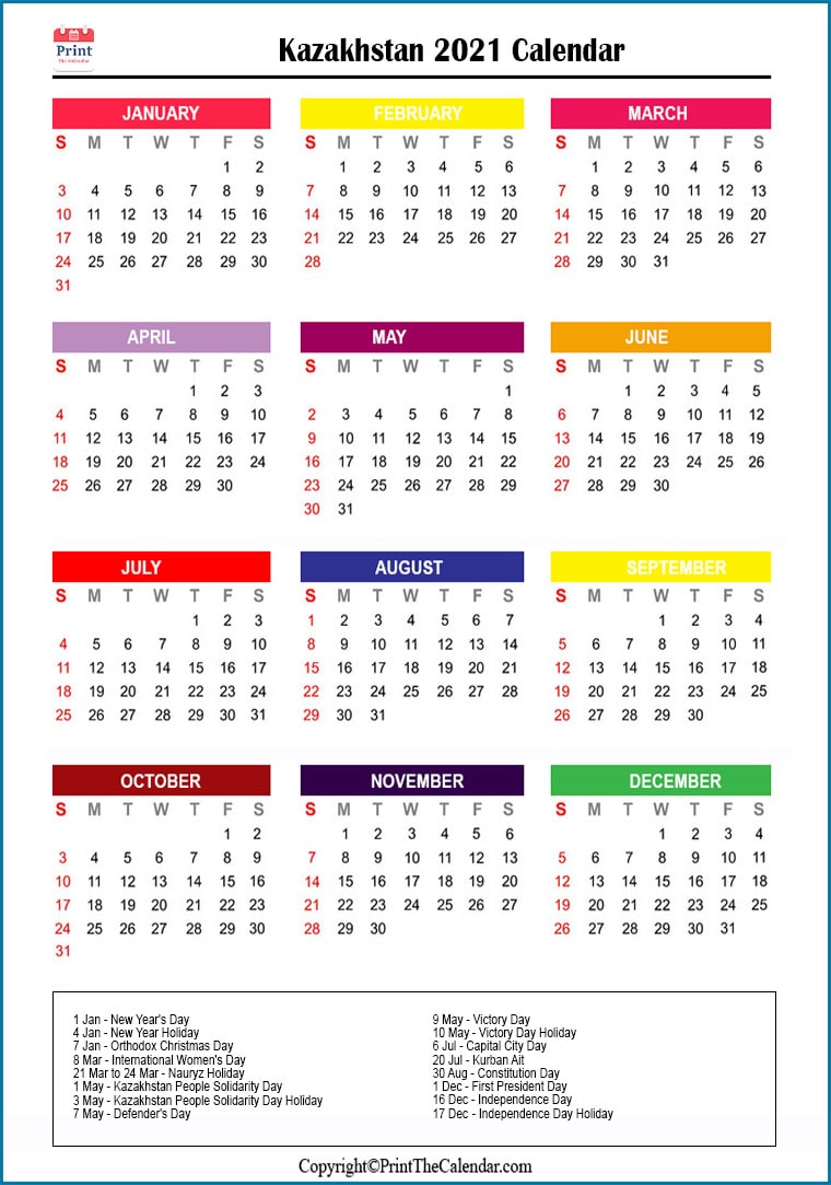 Kazakhstan Printable Calendar 2021